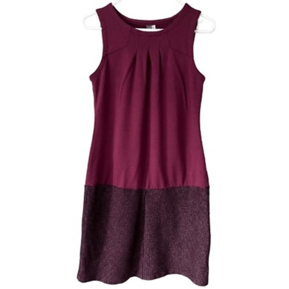 Ibex Merino Wool Sleeveless Dress Burgundy Herringbone Colorblock Pleated Small
